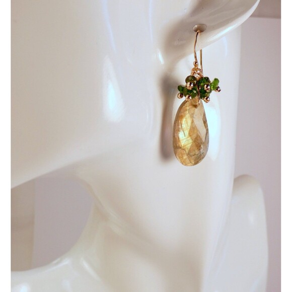 Golden Labradorite - Chrome Diopside - Beaded Gold Earrings - Picture 2 of 7